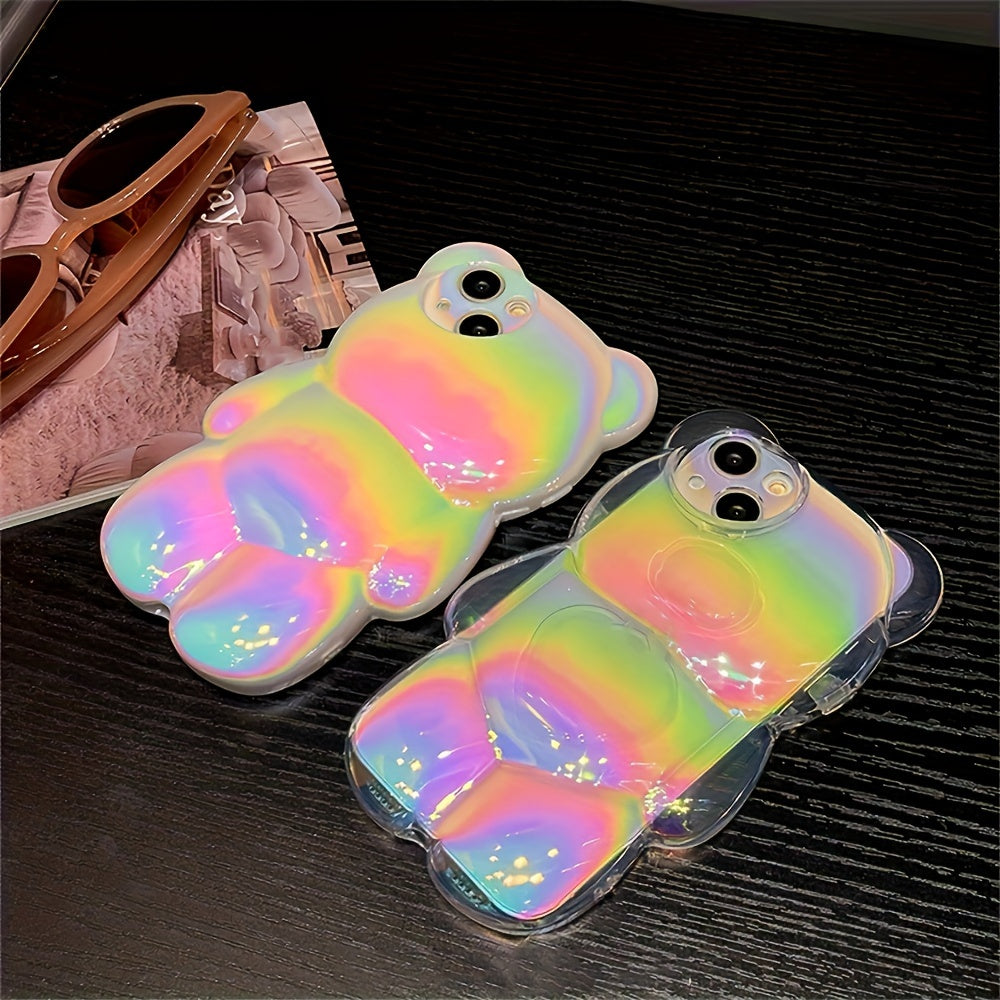 Cute Bear Aurora Laser Transparent Phone Case for iPhone 15 14 13 12 11 Pro Max Plus Luxury Cartoon Bear Clear Soft Shockproof Cover